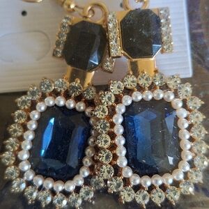 D'Bello Drop Earrings Blue Center Stone Seed  Pearl Rhinestone